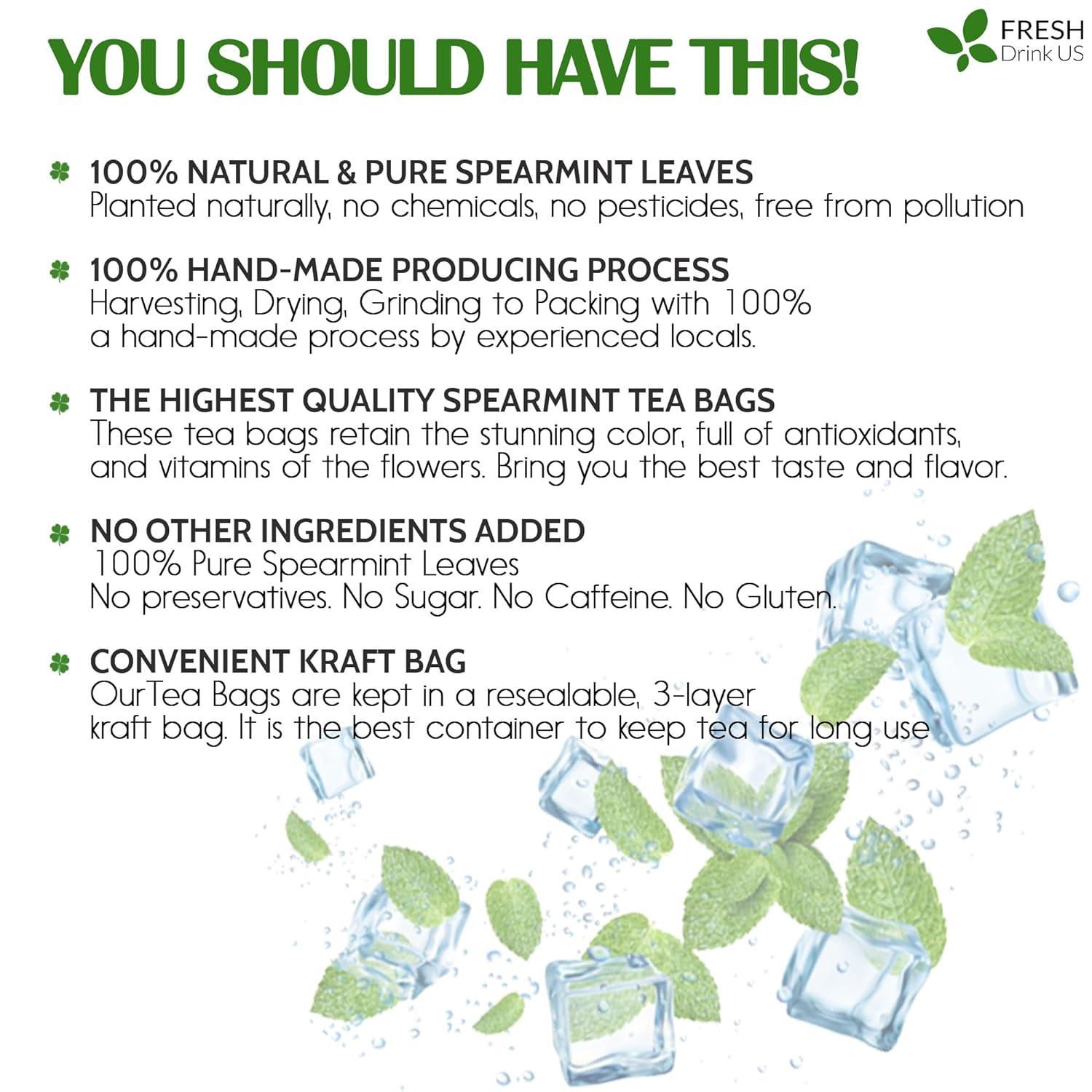 Spearmint Tea Bags, 100% Natural &amp; Pure Spearmint Leaves. Loose Leaf Spearmint Herbal Tea. Spearmint Leaf Tea. No Sugar, No Caffeine, No Gluten, Vegan. by FreshDrinkUS - Natural and Premium Herbal Tea