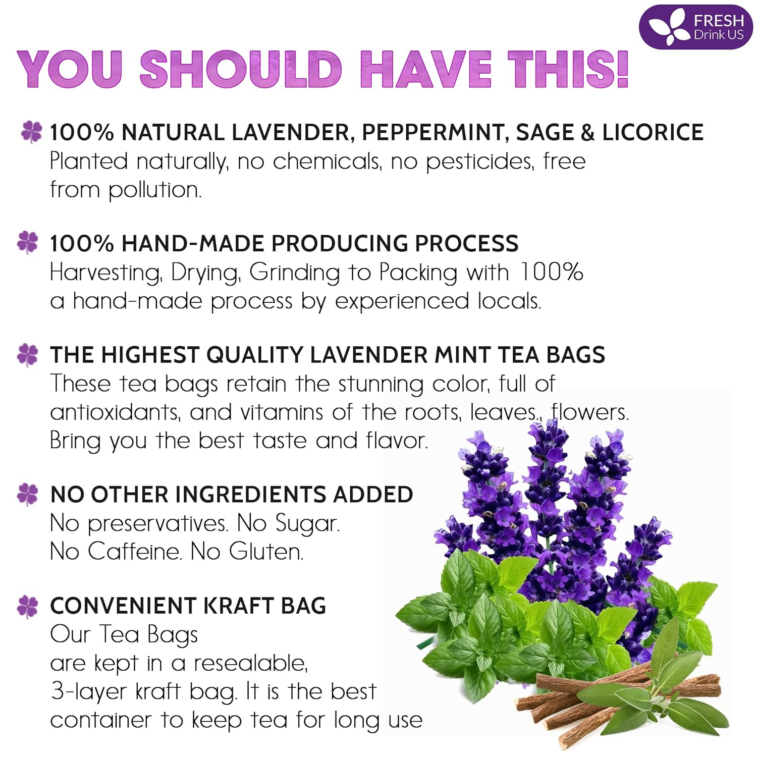 Premium Lavender Mint Tea Bags. 100% Natural, Blend of Lavender, Peppermint, Sage and Licorice. by FreshDrinkUS - Natural and Premium Herbal Tea