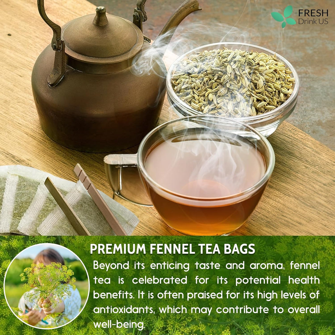 Premium Fennel Tea Bags, 100% Natural &amp; Pure from Fennel Seeds. Fennel Seed Herbal Tea. Fennel Seed Tea. Made with Natural Material Tea Bags. No Sugar, No Caffeine, No Gluten, Vegan. by FreshDrinkUS - Natural and Premium Herbal Tea