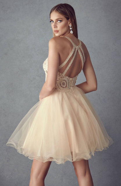Juliet 826 Fit-and-Flare Halter Neck Short Party Dress by DiscountDressShop