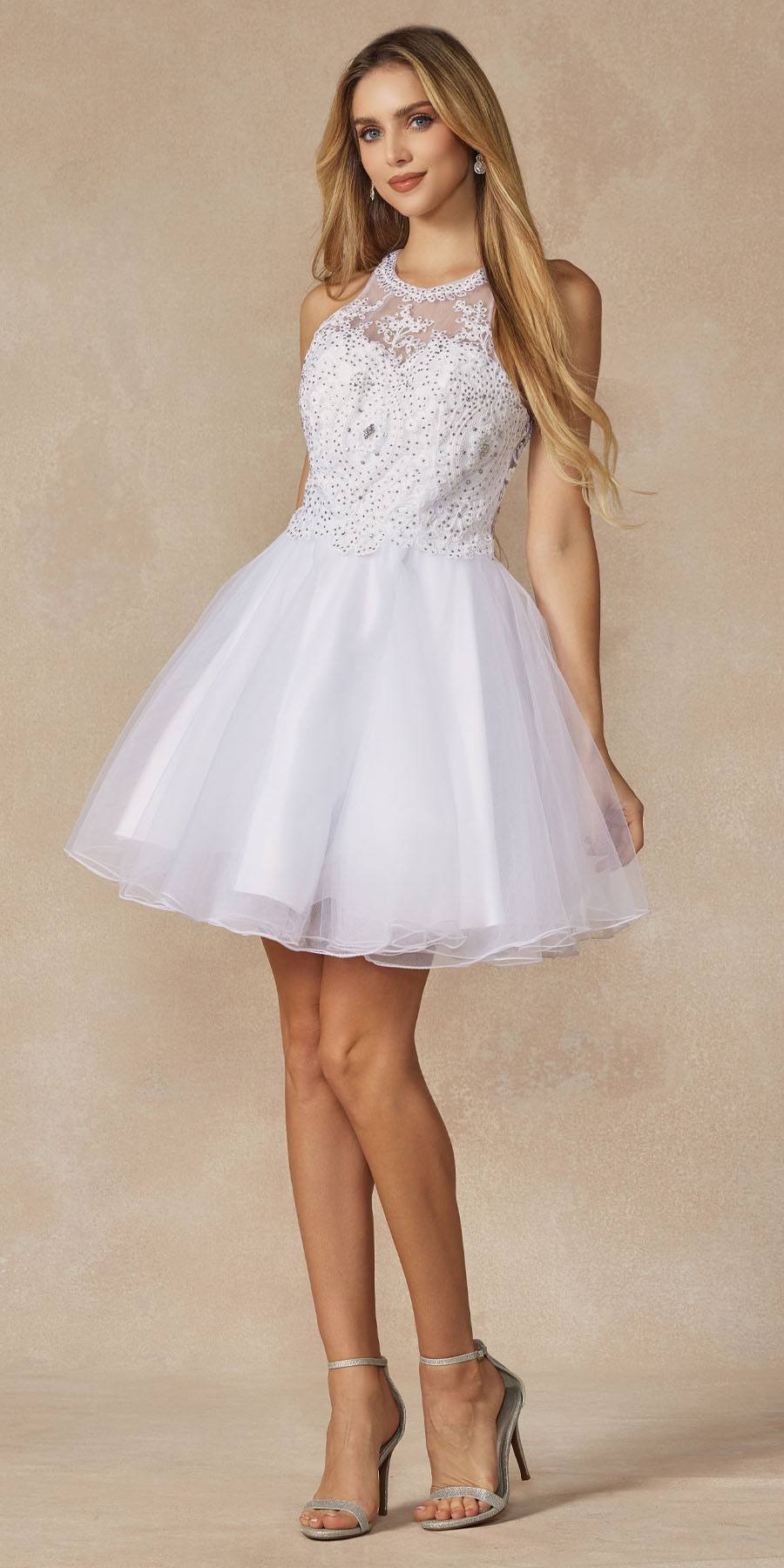 Juliet 826 Fit-and-Flare Halter Neck Short Party Dress by DiscountDressShop