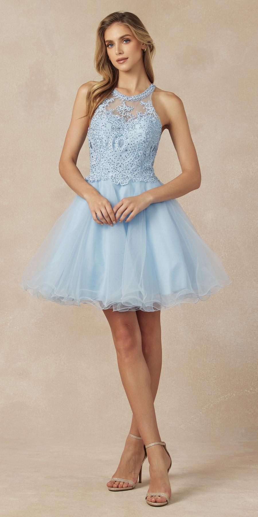 Juliet 826 Fit-and-Flare Halter Neck Short Party Dress by DiscountDressShop