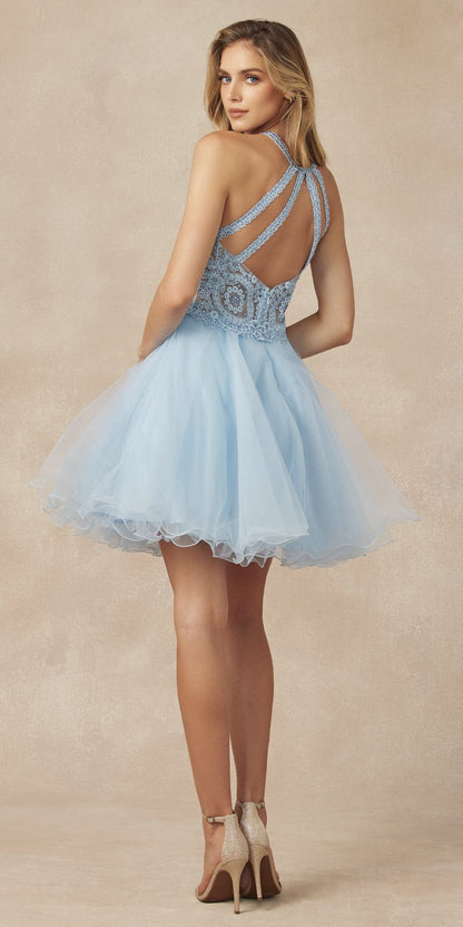 Juliet 826 Fit-and-Flare Halter Neck Short Party Dress by DiscountDressShop
