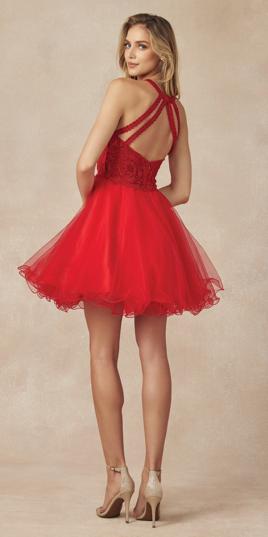 Juliet 826 Fit-and-Flare Halter Neck Short Party Dress by DiscountDressShop