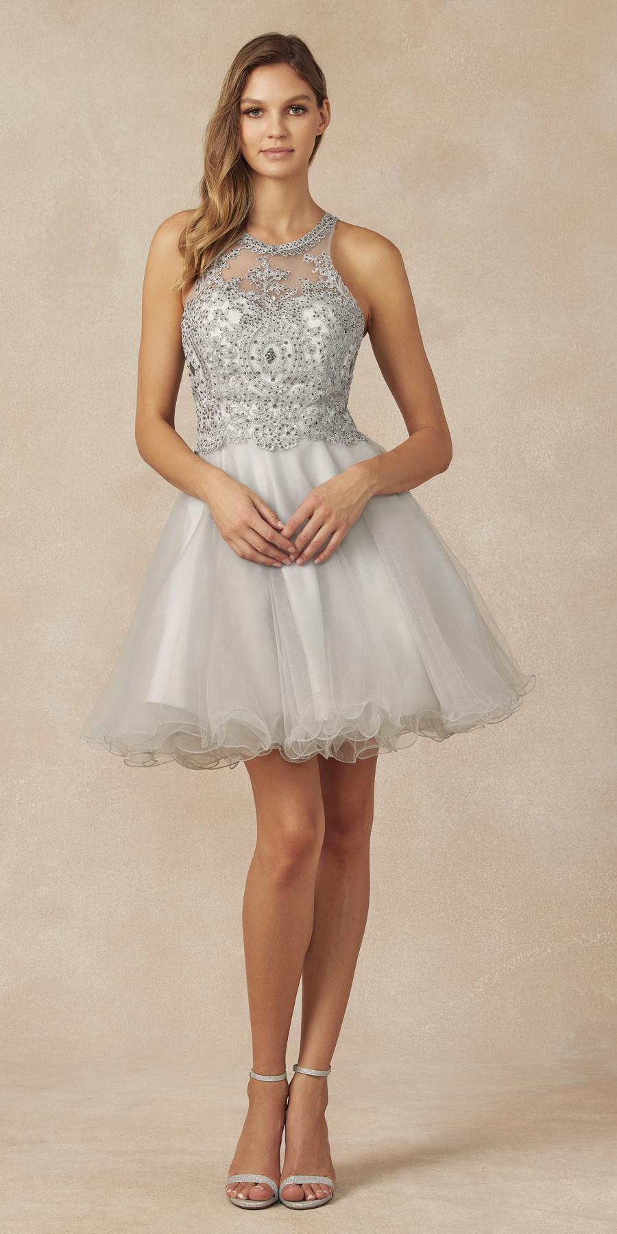 Juliet 826 Fit-and-Flare Halter Neck Short Party Dress by DiscountDressShop