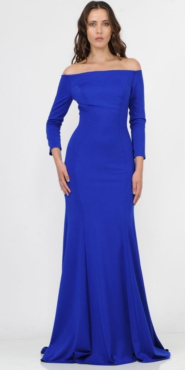 CLEARANCE - Poly USA | Ed Young 8378 Off-Shoulder Long Dress with Long Sleeves (Size M) by DiscountDressShop