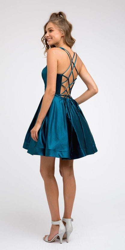 CLEARANCE - Juliet 852 Caged-Back Homecoming Short Dress with Pockets (Size Small) by DiscountDressShop