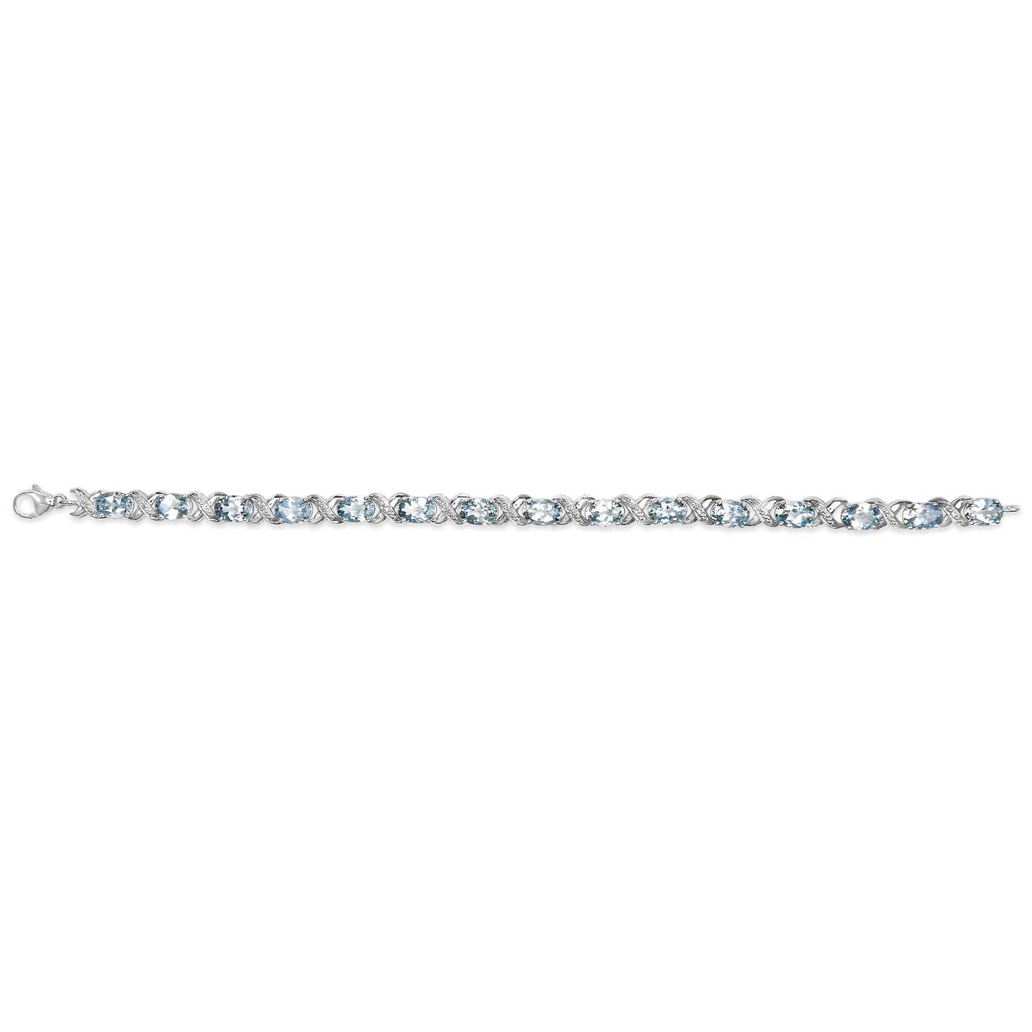 .925 Sterling Silver 16.0 Cttw Oval Blue Topaz and Diamond Accent Tennis X Link Bracelet (I-J Color, I1-I2 Clarity) - Size 7" Inch