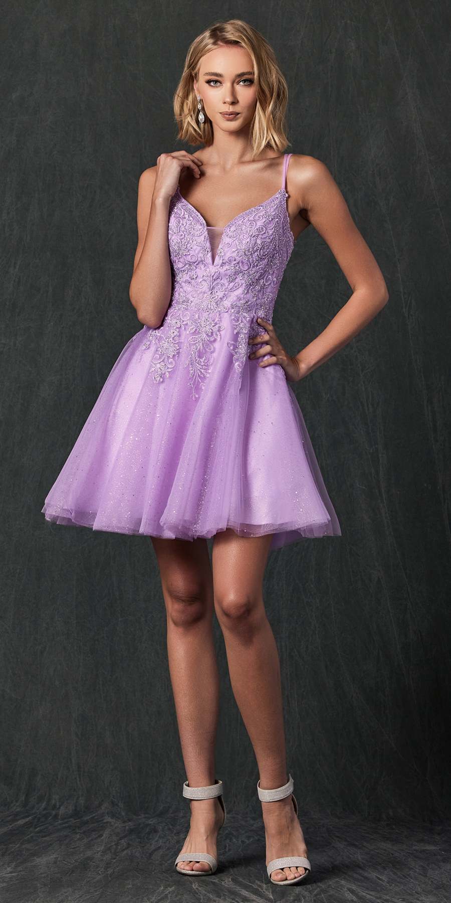 Juliet 857 Embroidered Top Short A-line Glitter Dress by DiscountDressShop