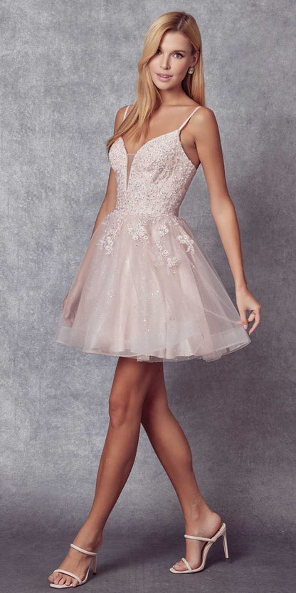 Juliet 859 Short Floral Applique Glitter Tulle A-Line Dress by DiscountDressShop
