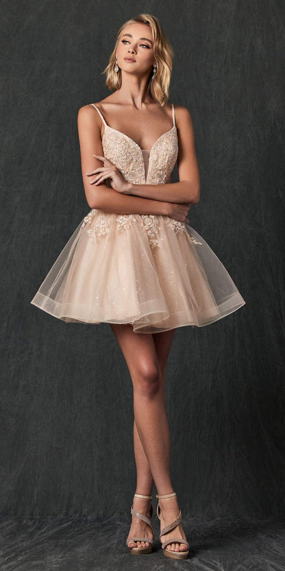 Juliet 859 Short Floral Applique Glitter Tulle A-Line Dress by DiscountDressShop