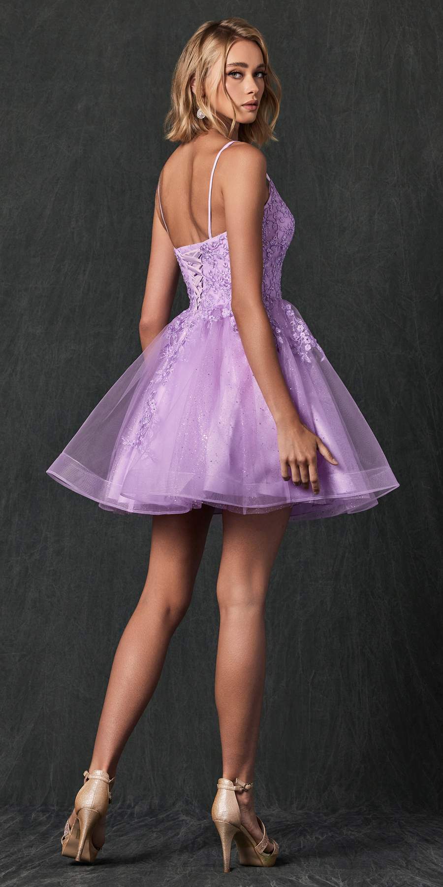 Juliet 859 Short Floral Applique Glitter Tulle A-Line Dress by DiscountDressShop