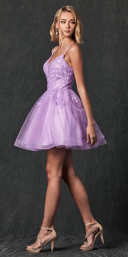Juliet 859 Short Floral Applique Glitter Tulle A-Line Dress by DiscountDressShop