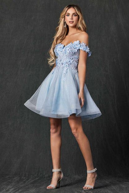 Juliet 861 Floral Embroidered Glitter Mesh Short A-Line Dress by DiscountDressShop