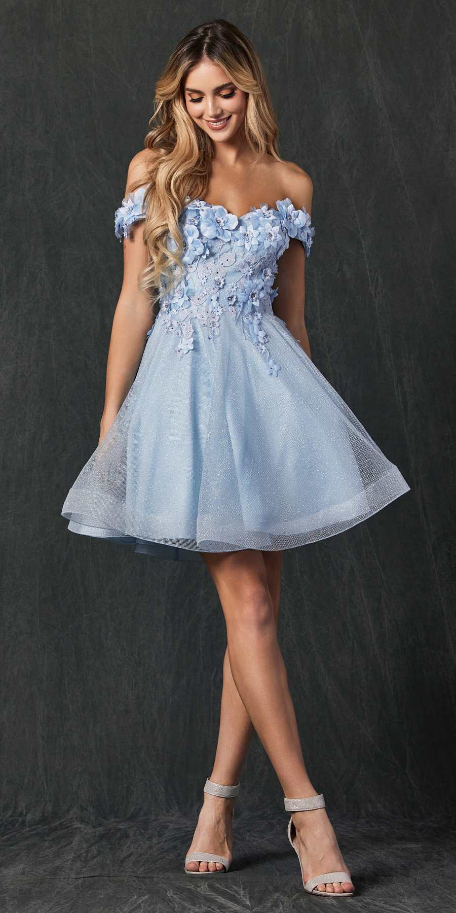 Juliet 861 Floral Embroidered Glitter Mesh Short A-Line Dress by DiscountDressShop