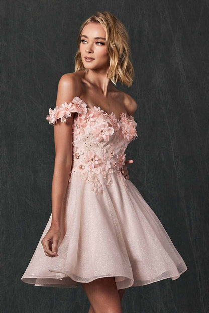 Juliet 861 Floral Embroidered Glitter Mesh Short A-Line Dress by DiscountDressShop