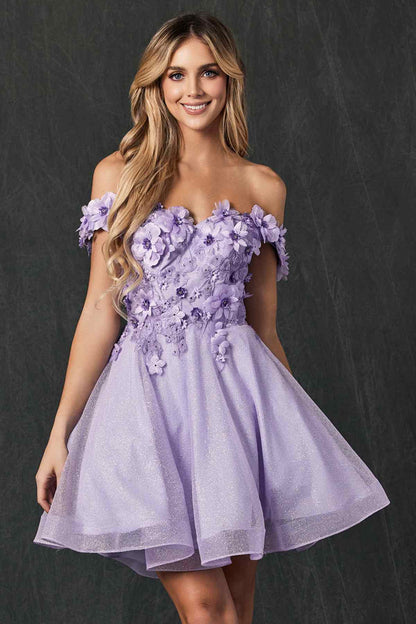 Juliet 861 Floral Embroidered Glitter Mesh Short A-Line Dress by DiscountDressShop