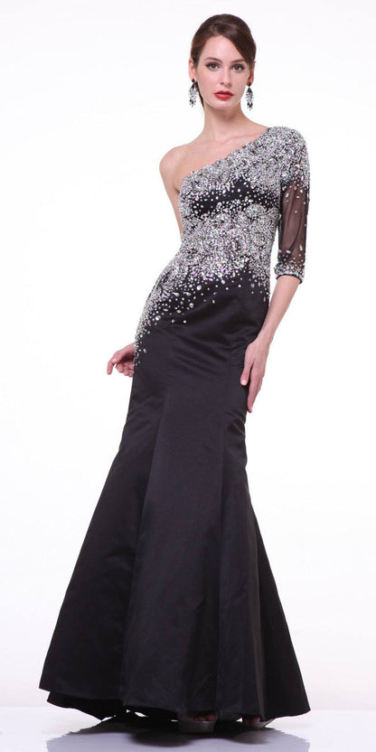 Cinderella Divine 8789 Mermaid Dress One Shoulder Sleeve Embellished Sheer Bodice by DiscountDressShop