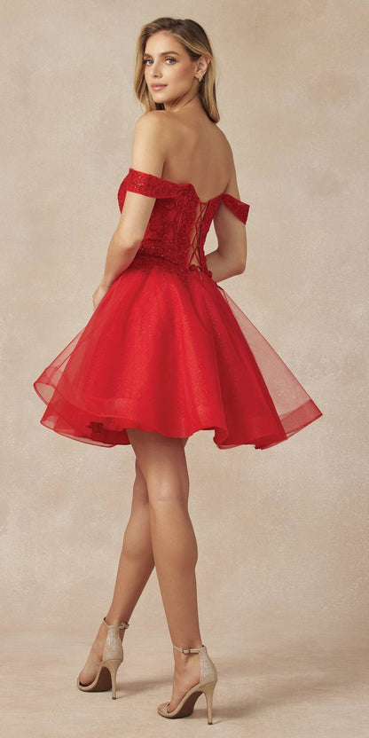 Juliet 880 Glitter Tulle A-Line Cold-Shoulder Homecoming Dress. by DiscountDressShop