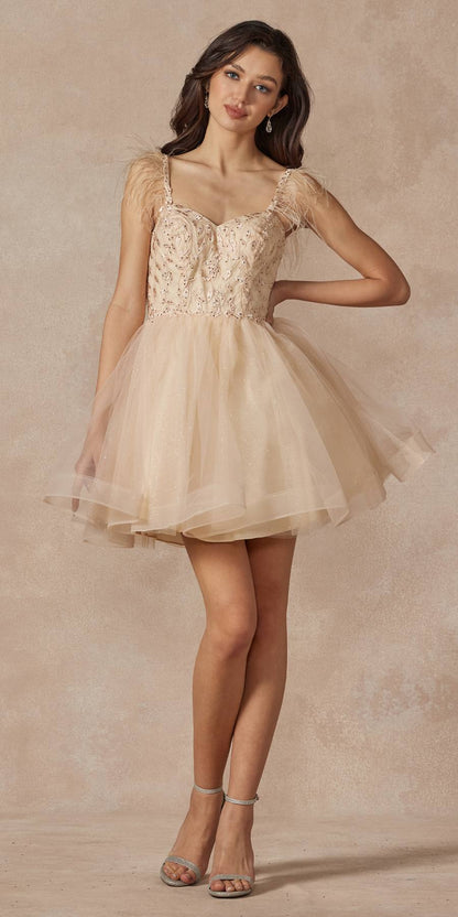 Juliet 881 Feather Straps Sheer Bodice Short A-line Tulle Dress by DiscountDressShop