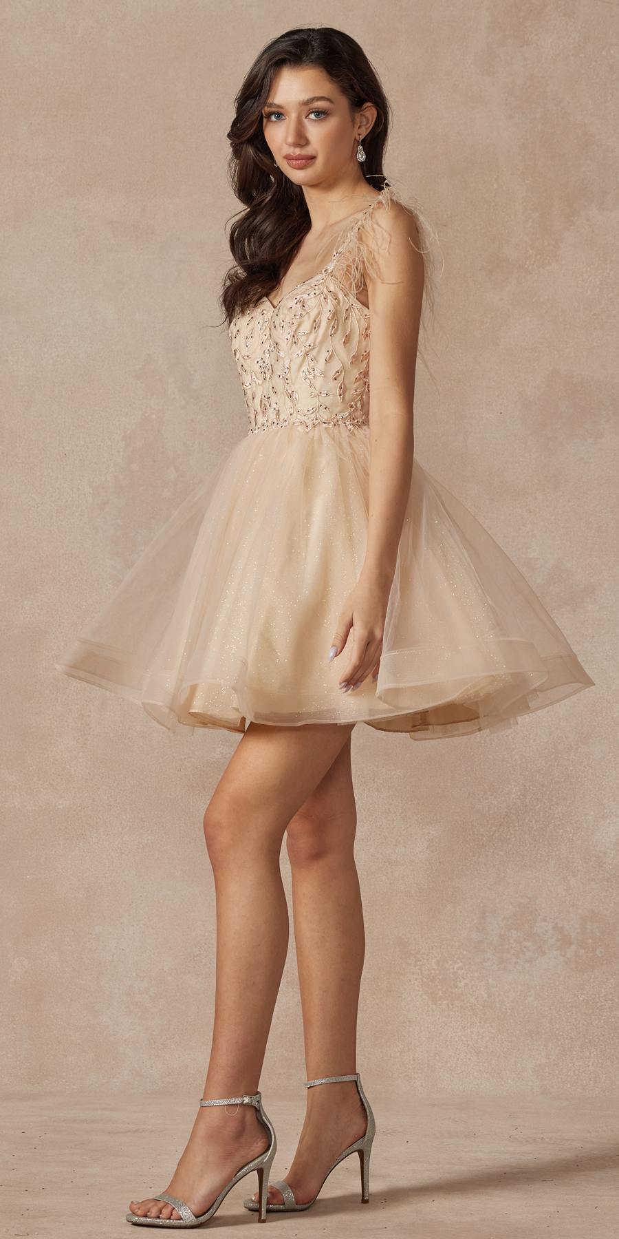 Juliet 881 Feather Straps Sheer Bodice Short A-line Tulle Dress by DiscountDressShop