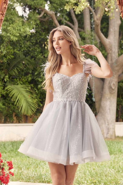 Juliet 881 Feather Straps Sheer Bodice Short A-line Tulle Dress by DiscountDressShop