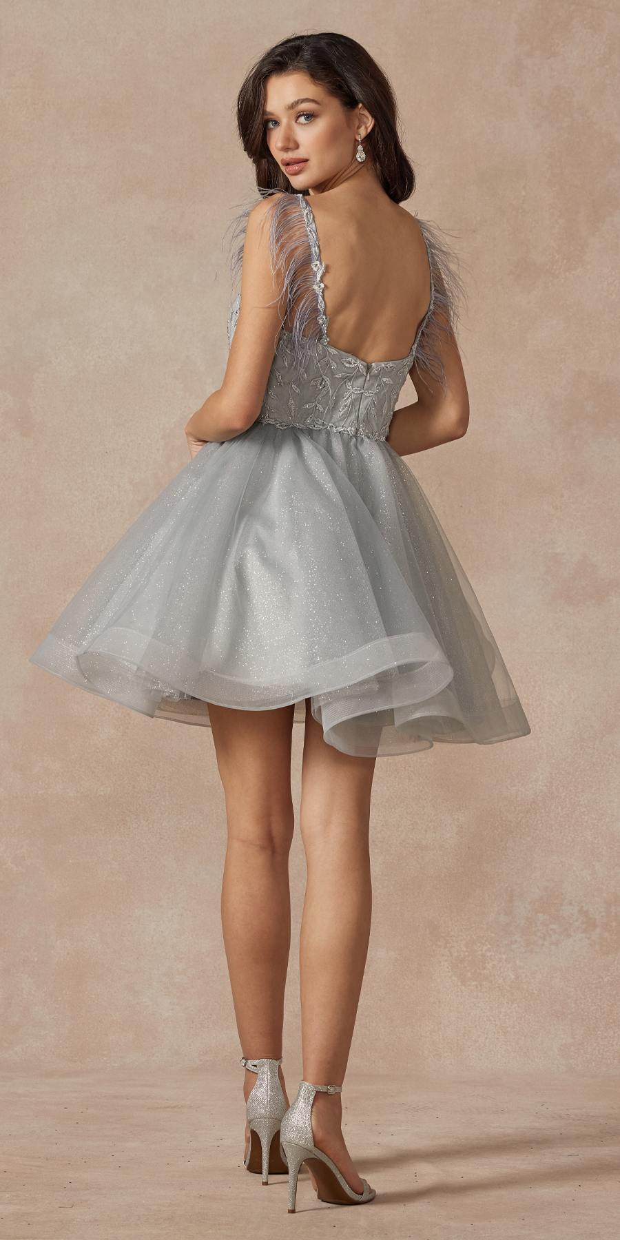 Juliet 881 Feather Straps Sheer Bodice Short A-line Tulle Dress by DiscountDressShop