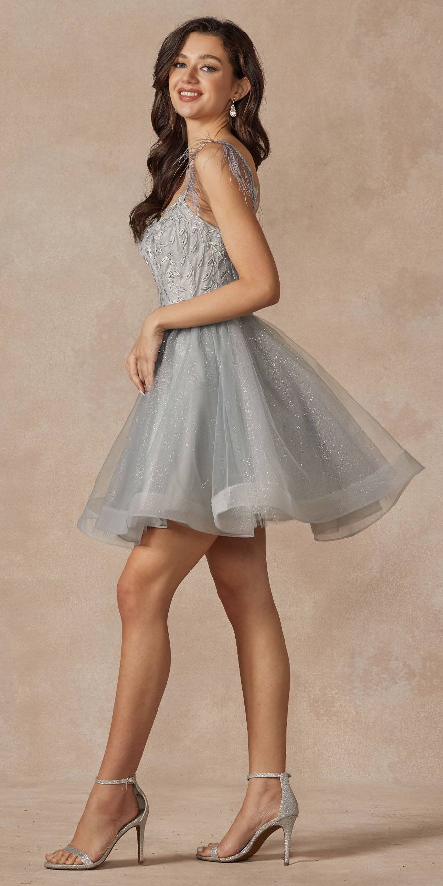 Juliet 881 Feather Straps Sheer Bodice Short A-line Tulle Dress by DiscountDressShop
