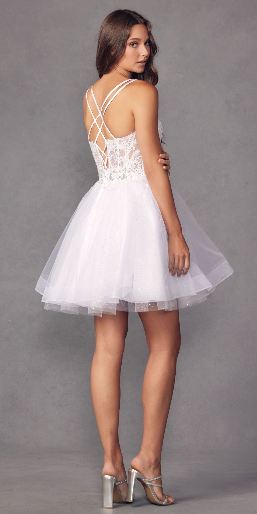 Juliet 883 Short A-Line Glitter Tulle Skirt Square Neck Thin Strap Dress by DiscountDressShop