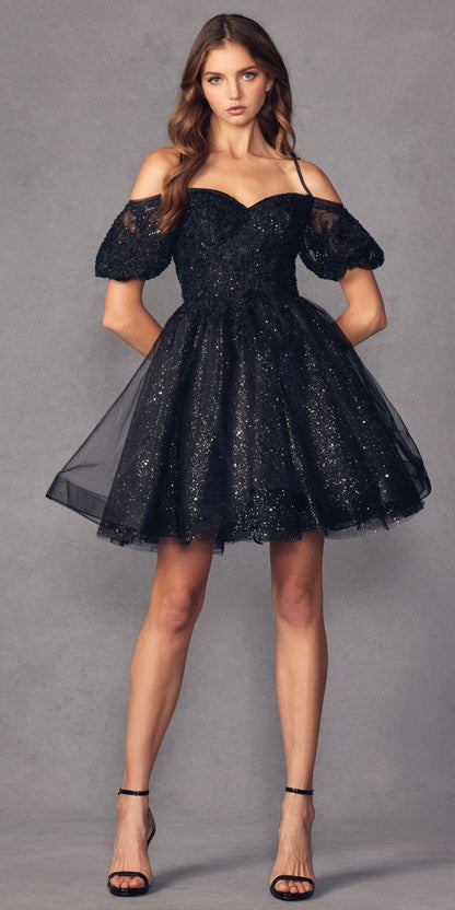Juliet 886 Short Removable Off Shoulder Puff Sleeves A-Line Tulle Dress by DiscountDressShop