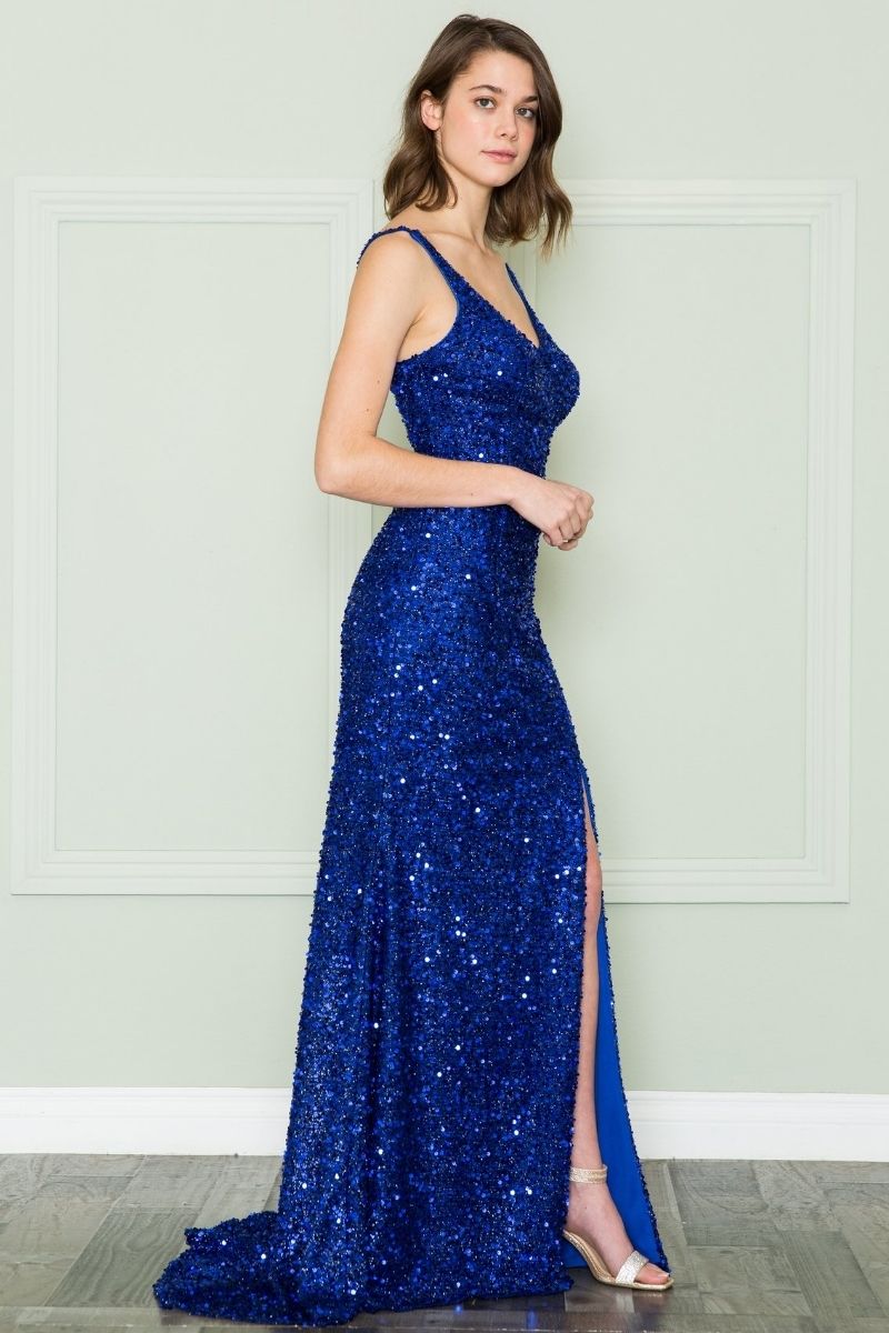 CLEARANCE - Poly USA | Ed Young 8872 V-Neck Floor Length Open Slit Sequin Dress (Size S) by DiscountDressShop