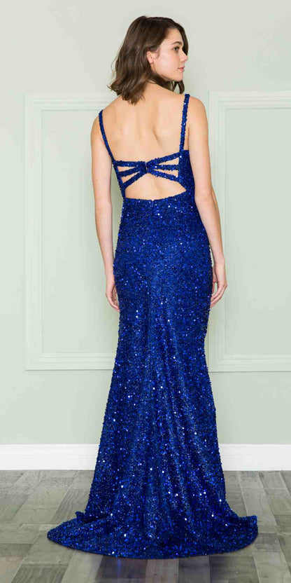 CLEARANCE - Poly USA | Ed Young 8872 V-Neck Floor Length Open Slit Sequin Dress (Size S) by DiscountDressShop