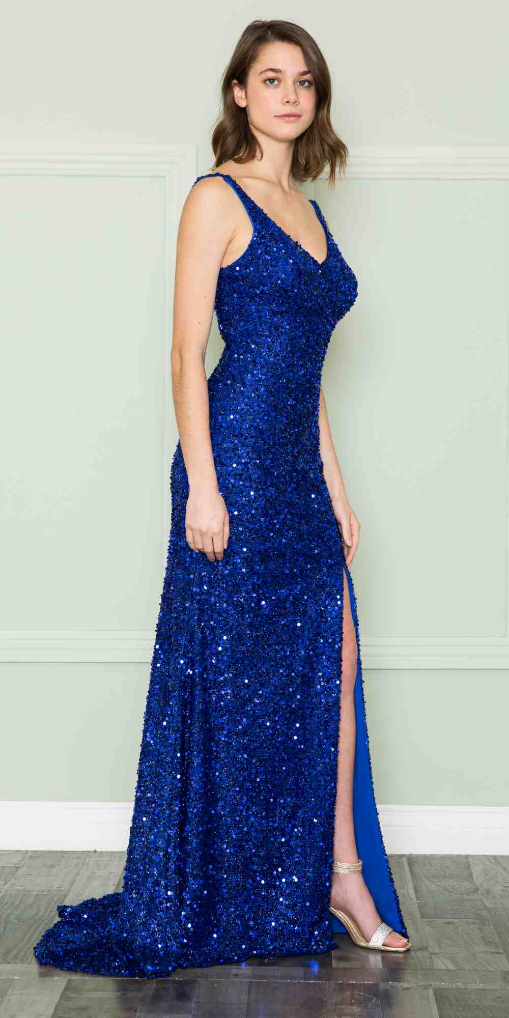 CLEARANCE - Poly USA | Ed Young 8872 V-Neck Floor Length Open Slit Sequin Dress (Size S) by DiscountDressShop