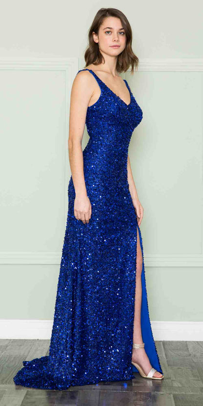 CLEARANCE - Poly USA | Ed Young 8872 V-Neck Floor Length Open Slit Sequin Dress (Size S) by DiscountDressShop