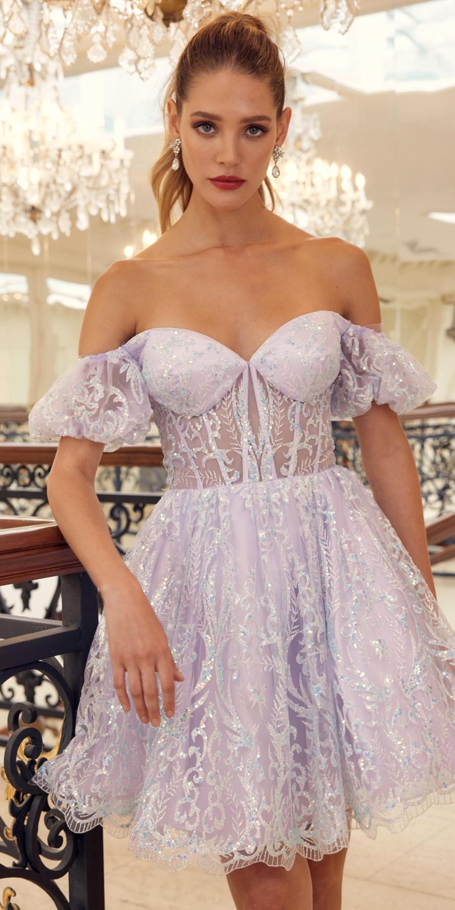 Juliet 891 dress Short Off Shoulder Puff Sleeve Corset Bodice A-Line Dress by DiscountDressShop
