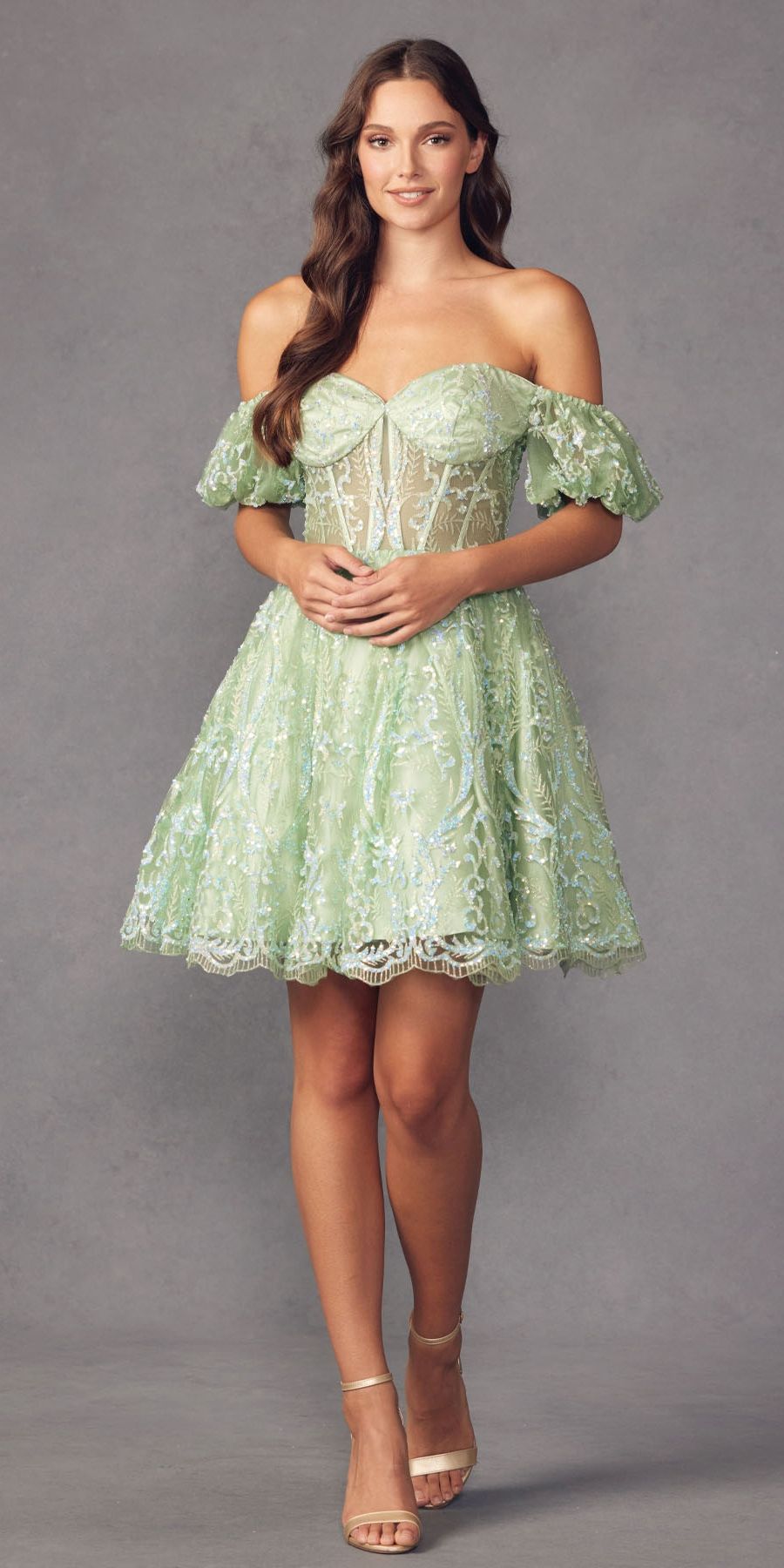 Juliet 891 dress Short Off Shoulder Puff Sleeve Corset Bodice A-Line Dress by DiscountDressShop