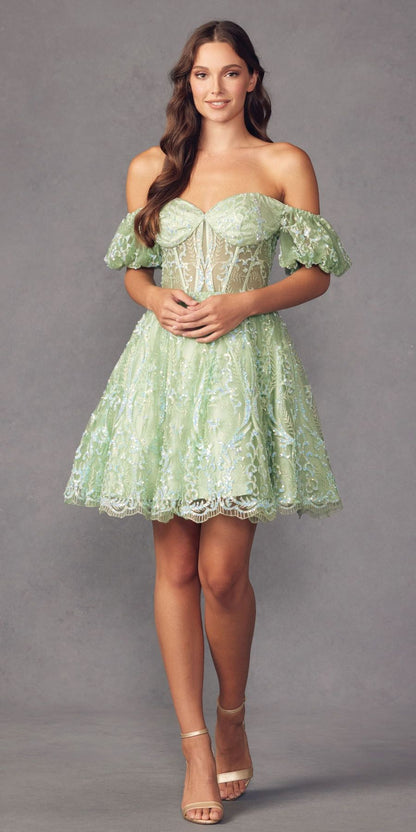 Juliet 891 dress Short Off Shoulder Puff Sleeve Corset Bodice A-Line Dress by DiscountDressShop