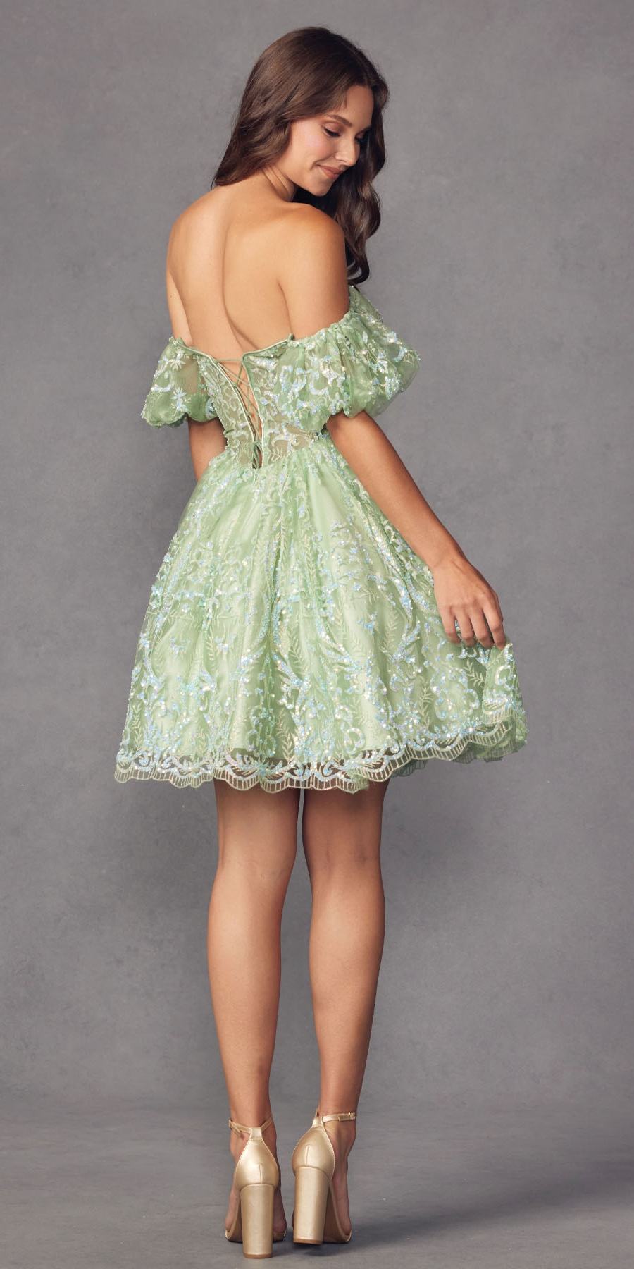 Juliet 891 dress Short Off Shoulder Puff Sleeve Corset Bodice A-Line Dress by DiscountDressShop