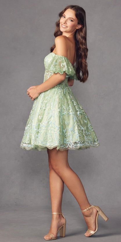 Juliet 891 dress Short Off Shoulder Puff Sleeve Corset Bodice A-Line Dress by DiscountDressShop