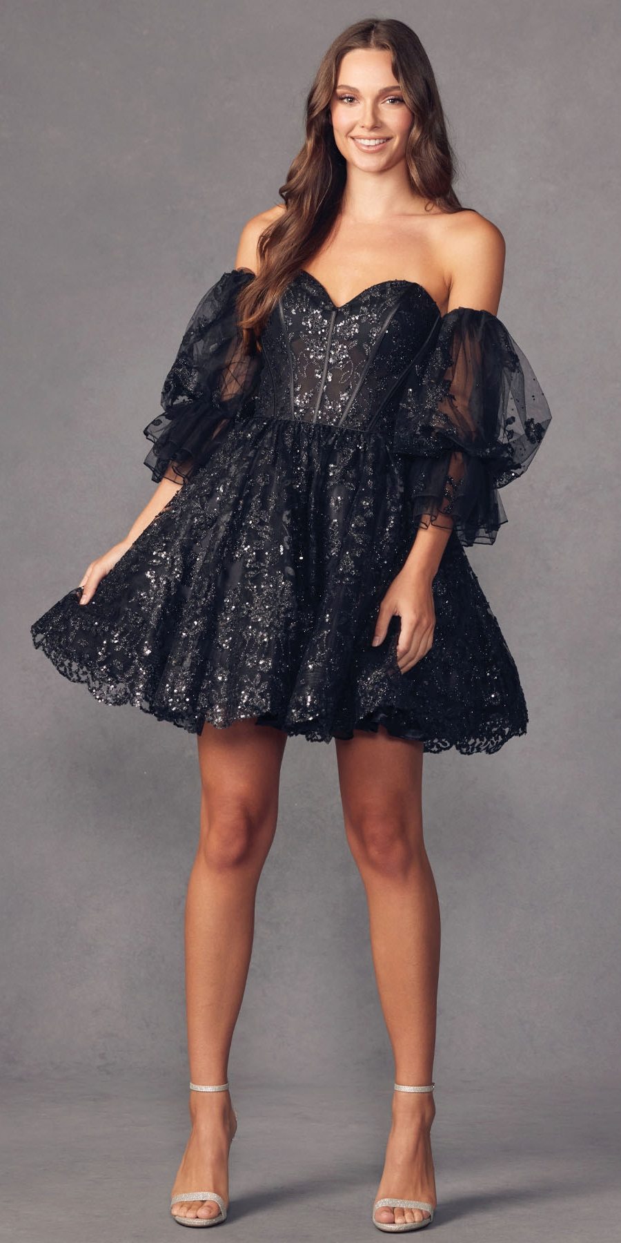 Juliet 895 Short A-Line Glitter Boned Dress Detachable Puff Sleeves by DiscountDressShop