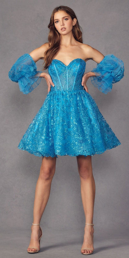 Juliet 895 Short A-Line Glitter Boned Dress Detachable Puff Sleeves by DiscountDressShop