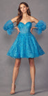 Juliet 895 Short A-Line Glitter Boned Dress Detachable Puff Sleeves by DiscountDressShop