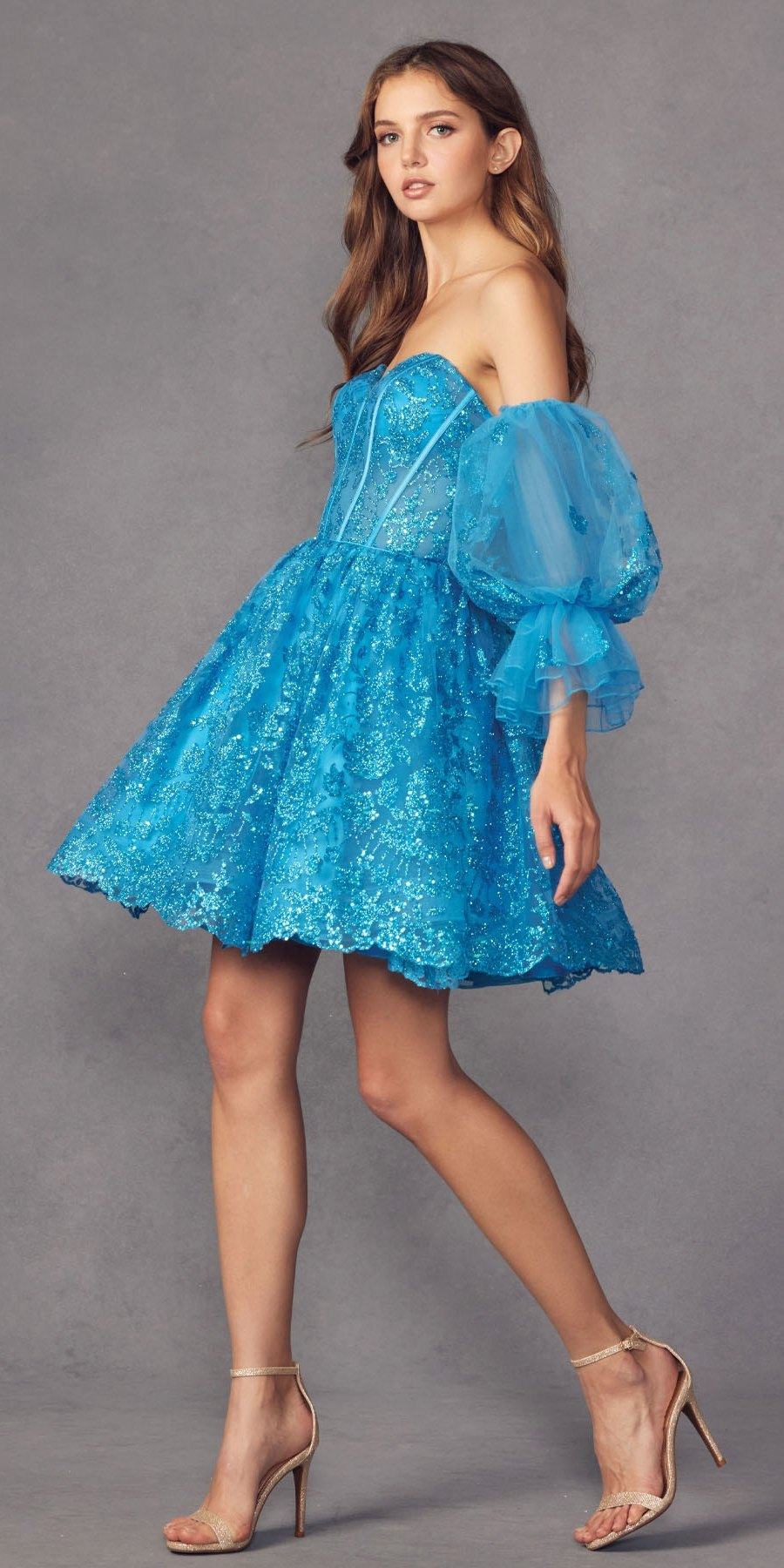 Juliet 895 Short A-Line Glitter Boned Dress Detachable Puff Sleeves by DiscountDressShop