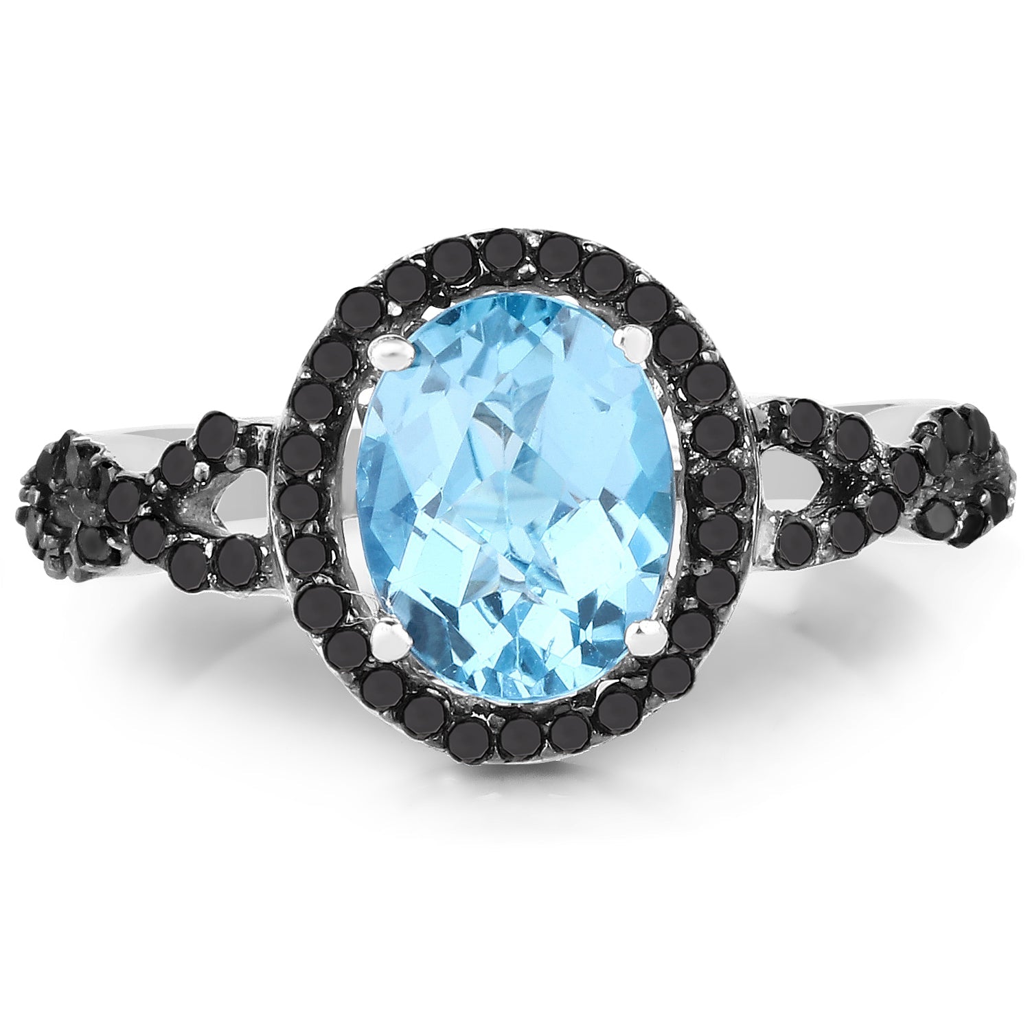 2.92 Carat Genuine Blue Topaz, Black Diamond &amp; White Diamond .925 Sterling Silver Ring