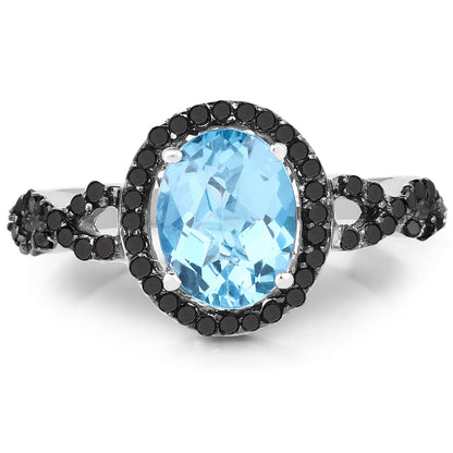 2.92 Carat Genuine Blue Topaz, Black Diamond &amp; White Diamond .925 Sterling Silver Ring