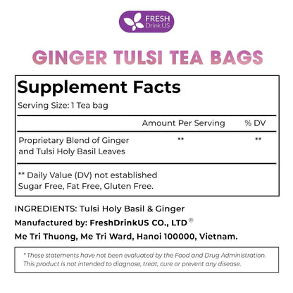 Premium Ginger Tulsi Tea Bags | Hand-made Blend of Ginger and Tulsi Holy Basil Leaves by FreshDrinkUS - Natural and Premium Herbal Tea