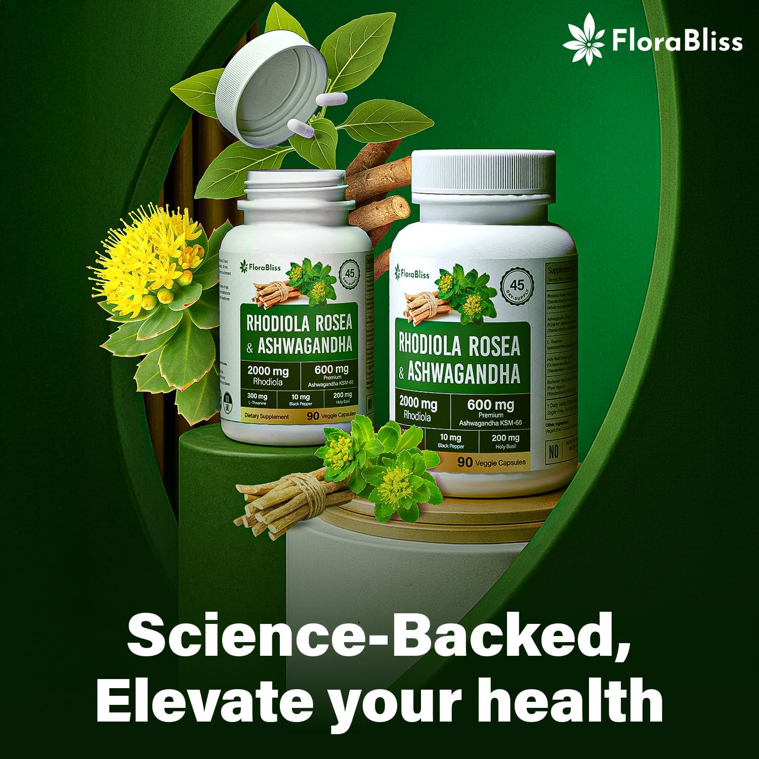 Rhodiola Rosea 2000mg with Ashwagandha KSM-66, L-Theanine, Holy Basil &amp; BioPerine - High Potency Vegan Capsules by FreshDrinkUS - Natural and Premium Herbal Tea