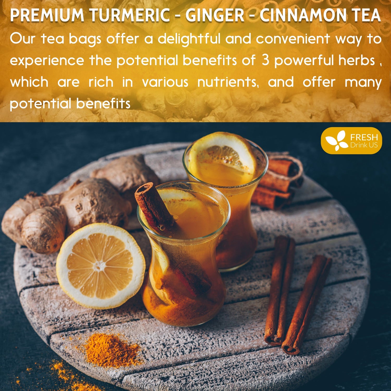 Turmeric, Ginger, Cinnamon Tea, Tea Bags, 100% Natural, Hand-made Blend of Turmeric, Ginger, and Cinnamon. Eco-conscious Tea Bags. Turmeric Ginger Herbal Tea. No Sugar, No Caffeine, No Gluten, Vegan. by FreshDrinkUS - Natural and Premium Herbal Tea