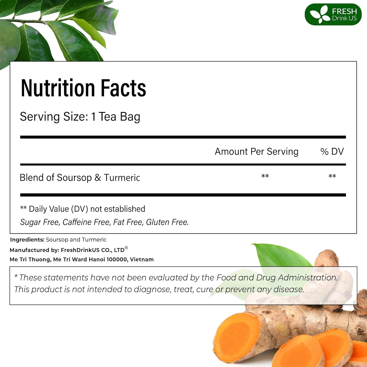 Premium Soursop Turmeric Tea Bags | Blend of Soursop Leaves, and Turmeric Root by FreshDrinkUS - Natural and Premium Herbal Tea