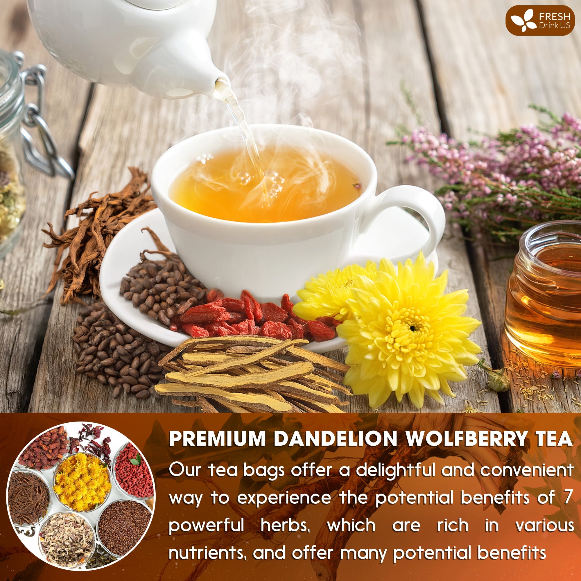 Dandelion Wolfberry Tea, 7 Herbal Ingredients by FreshDrinkUS - Natural and Premium Herbal Tea